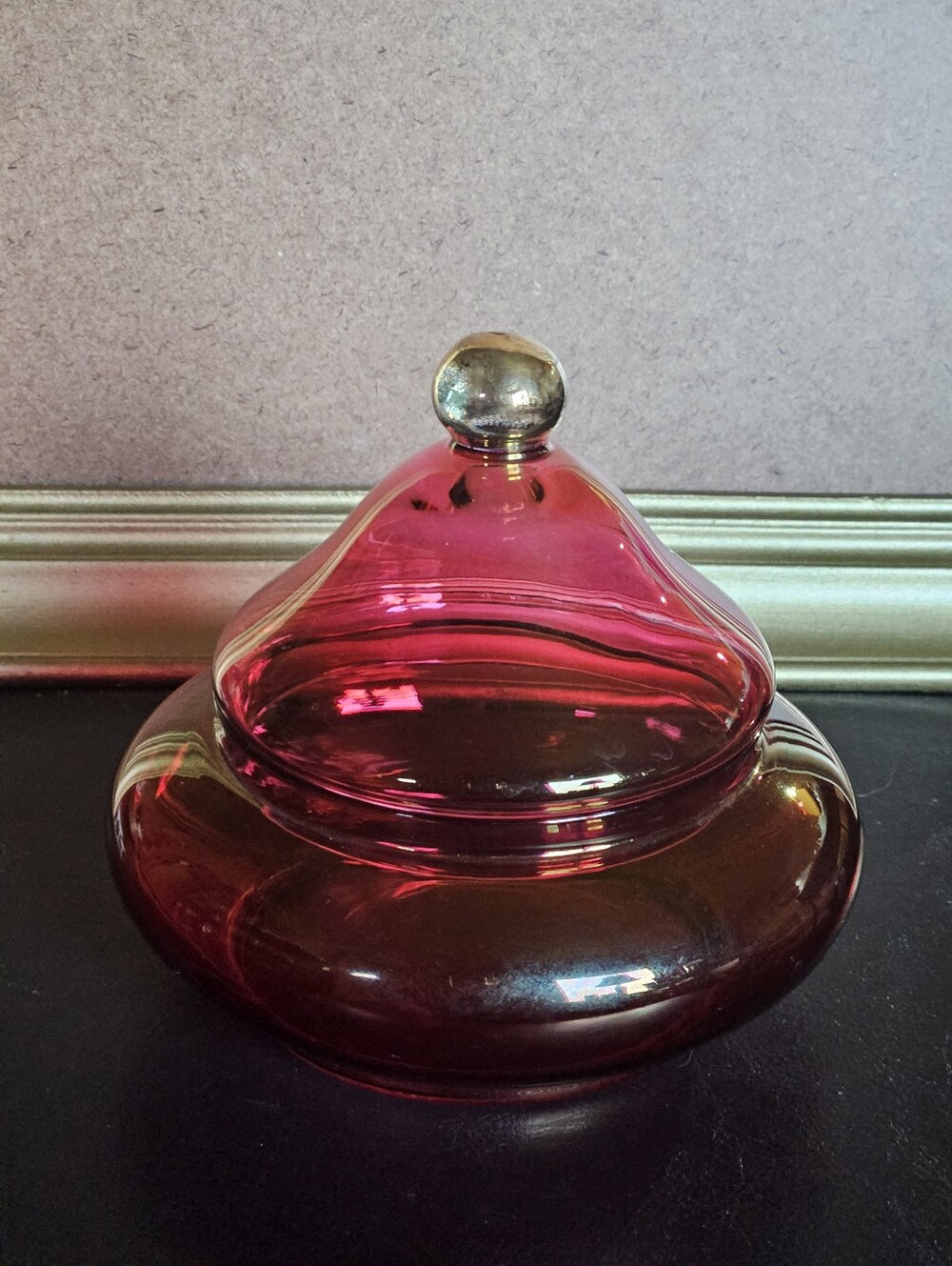 Vintage Blown Cranberry Glass Candy Dish with Circus-Tent Style Lid - Picture 3 of 9